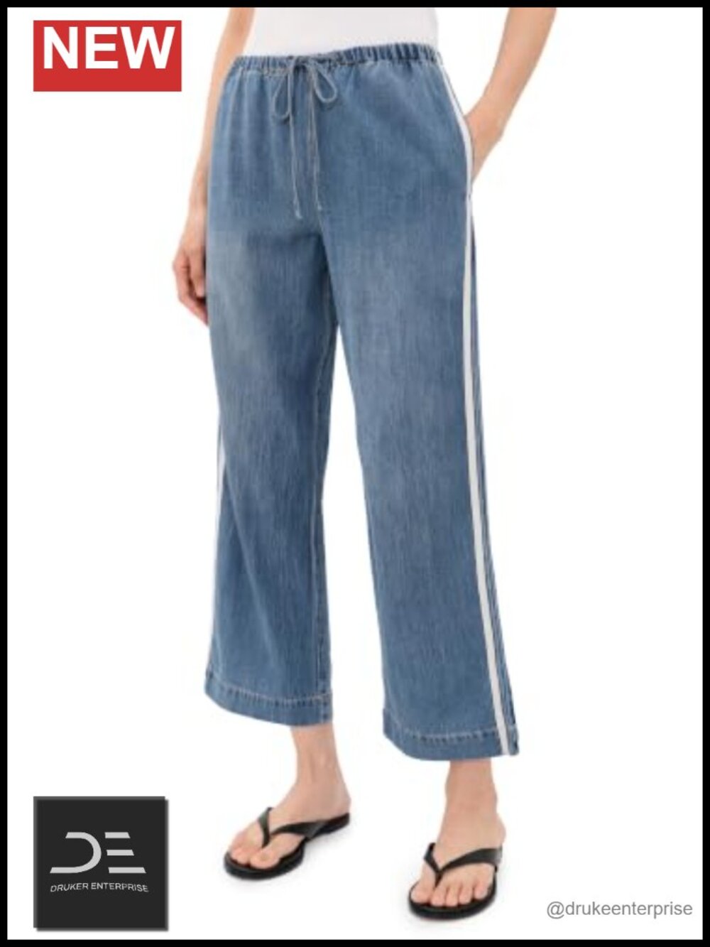 High Rise Wide Leg Striped Denim Jeans Cotton